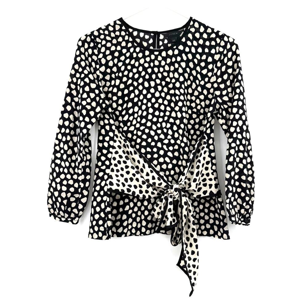 J.Crew Size 00 P Long Sleeve Blouse Black and White 100% Silk Tie Front Detail